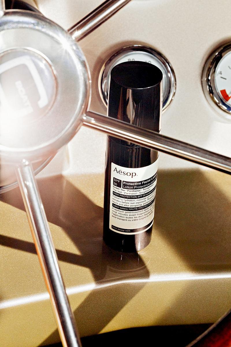 Aesop Protective facial lotion on an Ovation 7.6 speedboat by Ganz Boats