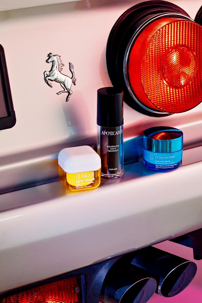 Anti-Wrinkles Face Cream by Clinique, Resurfacing Night Treatment Apot.Care, Moisturising Cushion Dr. Dennia Gross on the back bumper of a Ferrari 412, 1986